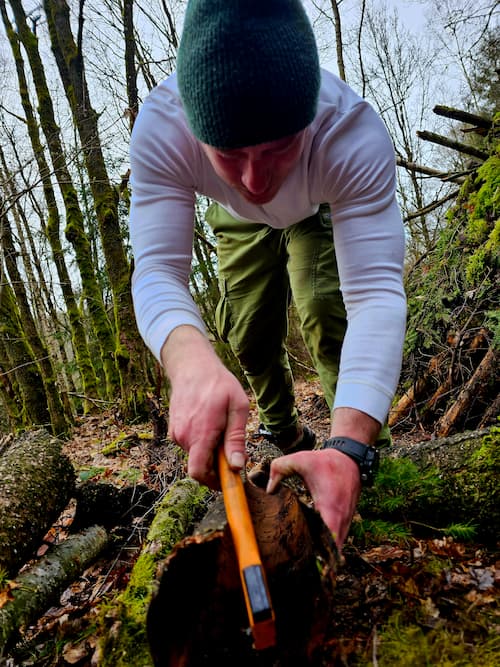 Persoon met een bijl, hakkend in hout
