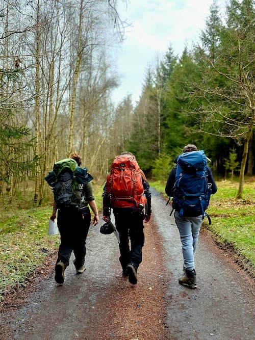 3 personen met gekleurde rugzakken op waandelen over een pad door het bos.